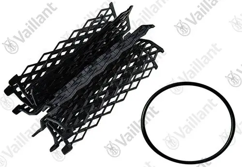 Vaillant Filter mit zwei schwarzen Kunststoffgitterelementen und einem schwarzen O-Ring, geeignet für die Verwendung in Heizsystemen.